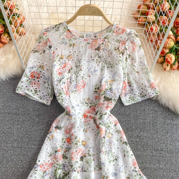 European station hollow embroidery chiffon dress female summer new round neck thin irregular printing long skirt - Image 3