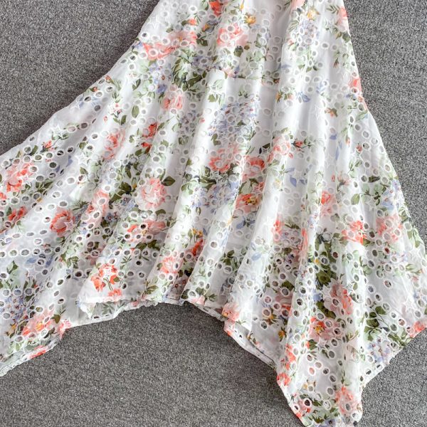 European station hollow embroidery chiffon dress female summer new round neck thin irregular printing long skirt - Image 4