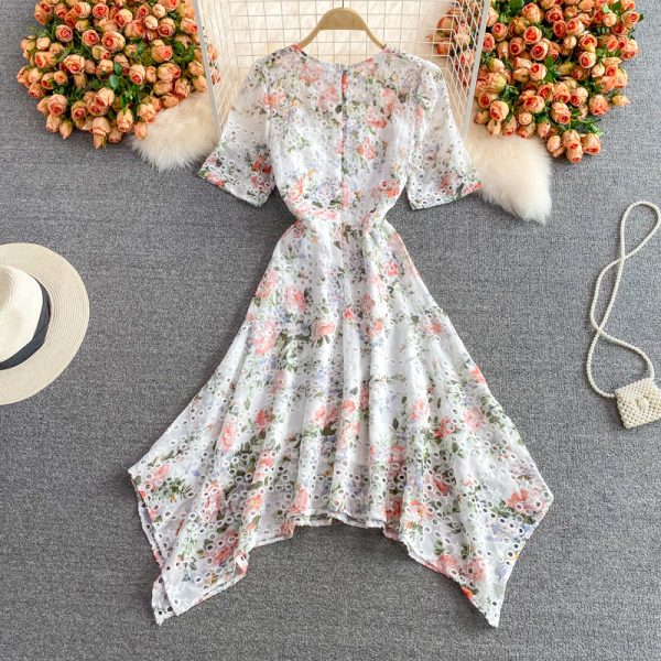European station hollow embroidery chiffon dress female summer new round neck thin irregular printing long skirt - Image 5