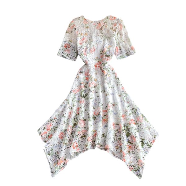 European station hollow embroidery chiffon dress female summer new round neck thin irregular printing long skirt - Image 6