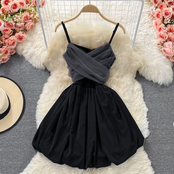 Western Style Small Sweet Mesh Stitching Princess Pettiskirt High Waist Hepburn Style Dress Temperament Small Black Skirt Summer - Image 5