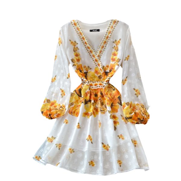 Small Waist Slimming V-Neckline Dress New Summer French Super Fairy Court Style Printed A- line Skirt - Image 6