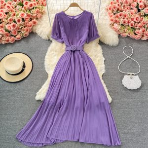Waist Slimming Elegant Slightly Mature Style Pleated Dress Short Sleeve Summer New Elegant Graceful Long Expansion Skirt