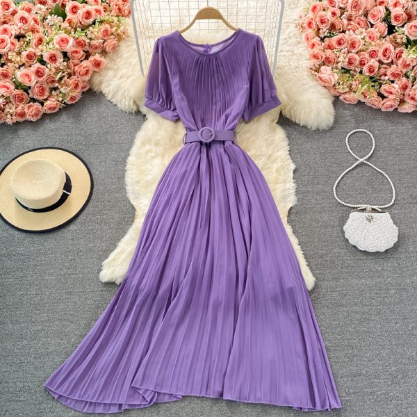 Waist Slimming Elegant Slightly Mature Style Pleated Dress Short Sleeve Summer New Elegant Graceful Long Expansion Skirt