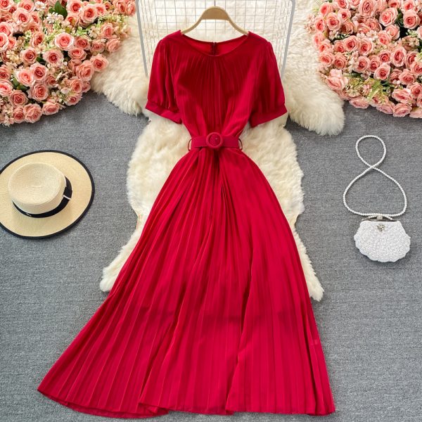 Waist Slimming Elegant Slightly Mature Style Pleated Dress Short Sleeve Summer New Elegant Graceful Long Expansion Skirt - Image 3