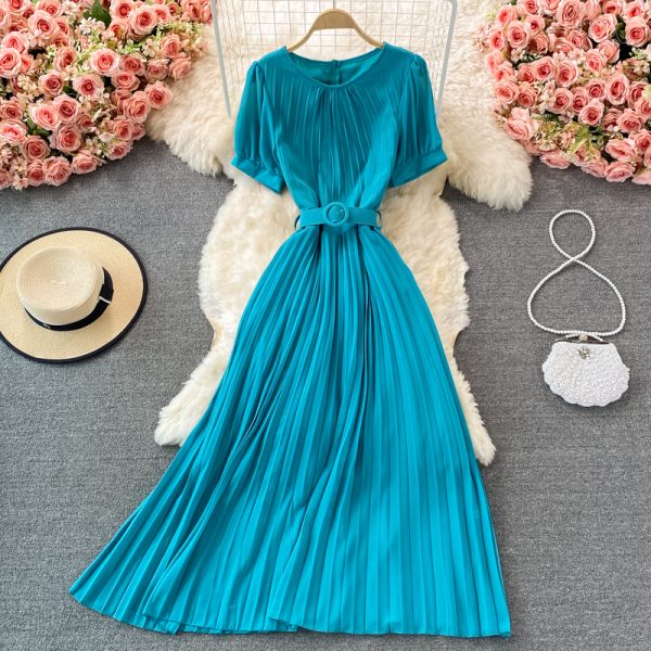 Waist Slimming Elegant Slightly Mature Style Pleated Dress Short Sleeve Summer New Elegant Graceful Long Expansion Skirt - Image 4
