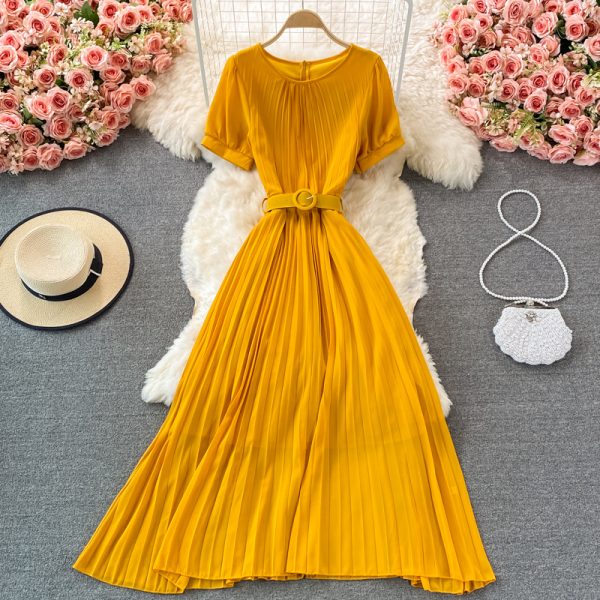 Waist Slimming Elegant Slightly Mature Style Pleated Dress Short Sleeve Summer New Elegant Graceful Long Expansion Skirt - Image 5