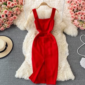 Summer New Lightly Mature Backless Suspender Dress Summer Overknee Mid-Length Split Sheath Dress Sleeveless