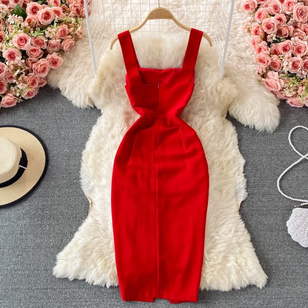Summer New Lightly Mature Backless Suspender Dress Summer Overknee Mid-Length Split Sheath Dress Sleeveless - Image 5