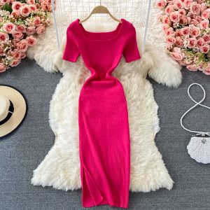 Summer New Korean Style Retro Square Collar Tight Waist Slim Backless Mid-Length Knitted Sheath Dress Short Sleeve