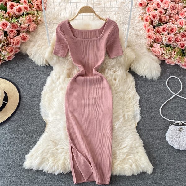 Summer New Korean Style Retro Square Collar Tight Waist Slim Backless Mid-Length Knitted Sheath Dress Short Sleeve - Image 5