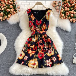 summer New Retro Printed Waist-Controlled Slimming V-Neckline Sleeveless Dress Small A- line Skirt Short Skirt