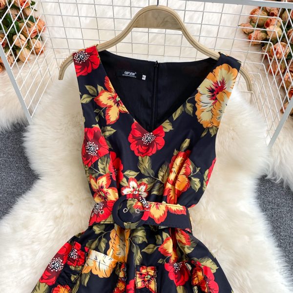 summer New Retro Printed Waist-Controlled Slimming V-Neckline Sleeveless Dress Small A- line Skirt Short Skirt - Image 3