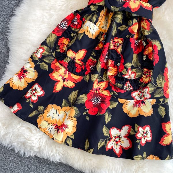 summer New Retro Printed Waist-Controlled Slimming V-Neckline Sleeveless Dress Small A- line Skirt Short Skirt - Image 4