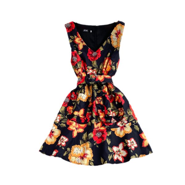summer New Retro Printed Waist-Controlled Slimming V-Neckline Sleeveless Dress Small A- line Skirt Short Skirt - Image 6