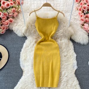 Summer New Sexy Knitted Chain Vest Skirt Mid-Length Strap Slim Slimming Sheath Dress