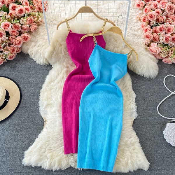Summer New Sexy Knitted Chain Vest Skirt Mid-Length Strap Slim Slimming Sheath Dress - Image 3