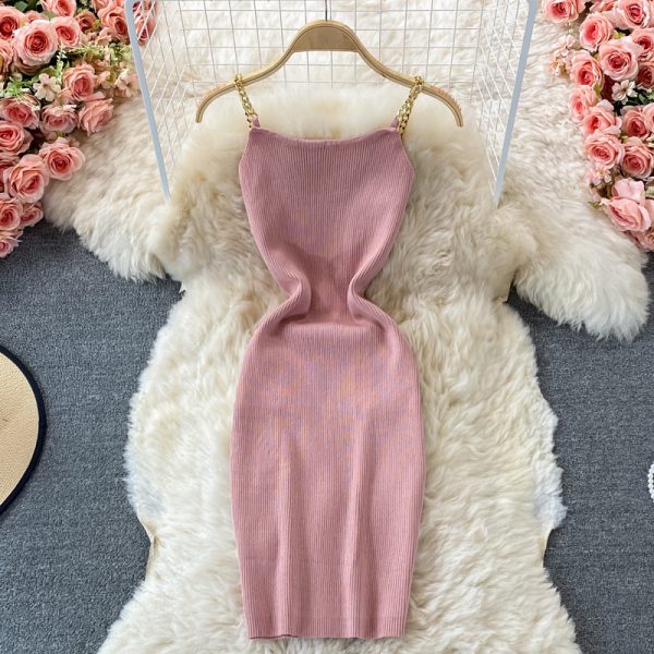 Summer New Sexy Knitted Chain Vest Skirt Mid-Length Strap Slim Slimming Sheath Dress - Image 4
