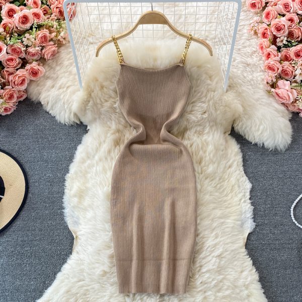 Summer New Sexy Knitted Chain Vest Skirt Mid-Length Strap Slim Slimming Sheath Dress - Image 5