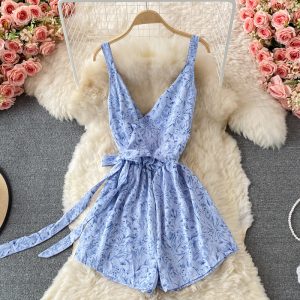 summer New High Waist Floral Chiffon One-Piece Wide-Leg Pants Shorts V-neck Brace Printing Romper Skirt