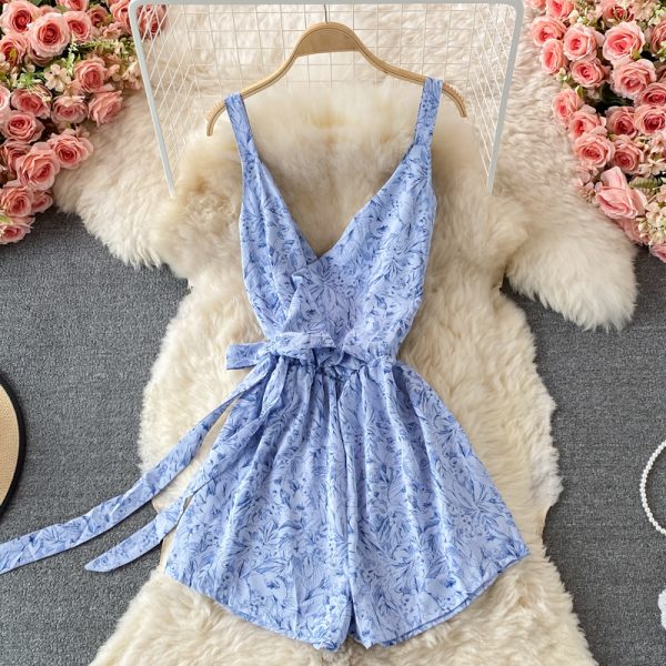 summer New High Waist Floral Chiffon One-Piece Wide-Leg Pants Shorts V-neck Brace Printing Romper Skirt - Image 2