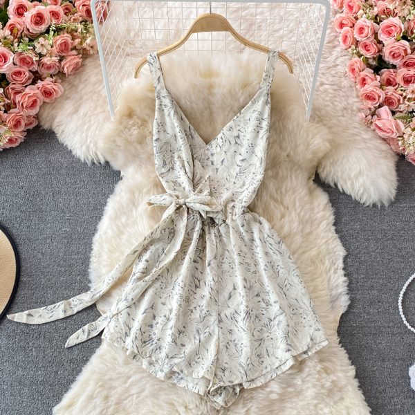 summer New High Waist Floral Chiffon One-Piece Wide-Leg Pants Shorts V-neck Brace Printing Romper Skirt - Image 3