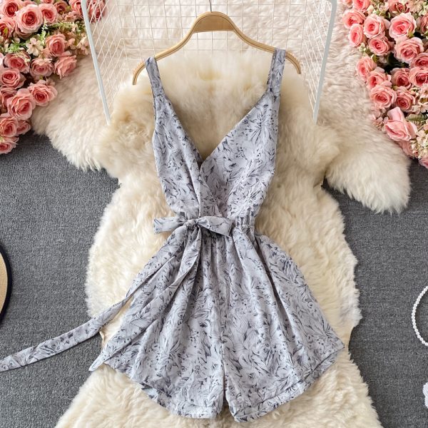 summer New High Waist Floral Chiffon One-Piece Wide-Leg Pants Shorts V-neck Brace Printing Romper Skirt - Image 4