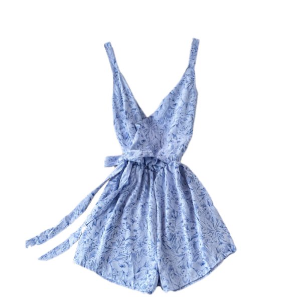 summer New High Waist Floral Chiffon One-Piece Wide-Leg Pants Shorts V-neck Brace Printing Romper Skirt - Image 6