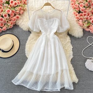 summer new style Korean version of French retro court style temperament waist round neck puff sleeve big swing chiffon dress