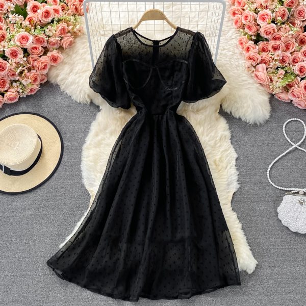 summer new style Korean version of French retro court style temperament waist round neck puff sleeve big swing chiffon dress - Image 3