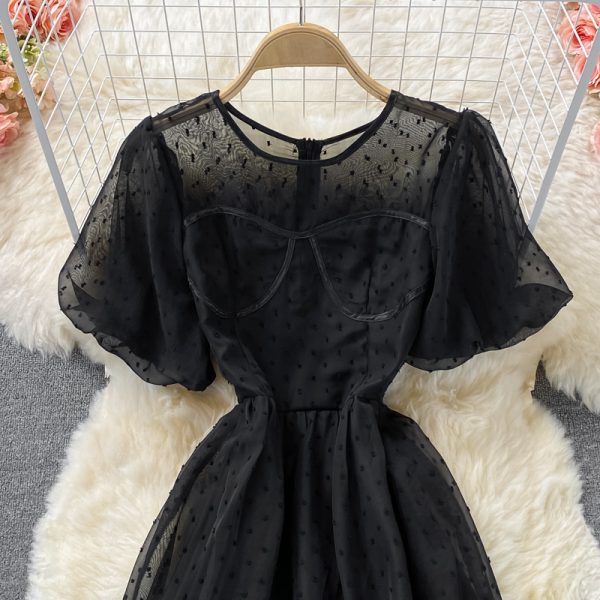 summer new style Korean version of French retro court style temperament waist round neck puff sleeve big swing chiffon dress - Image 4