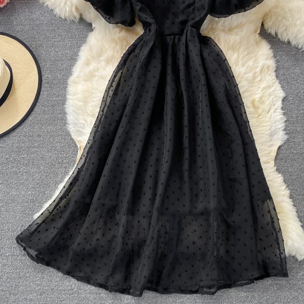 summer new style Korean version of French retro court style temperament waist round neck puff sleeve big swing chiffon dress - Image 5