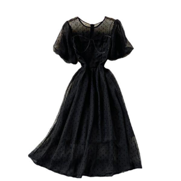 summer new style Korean version of French retro court style temperament waist round neck puff sleeve big swing chiffon dress - Image 6