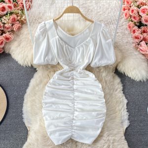 Mature Elegant V-neck Dress Summer New Slim-Fit Pleated Western Style Puff Sleeve Ruffle Hip Short Skirt