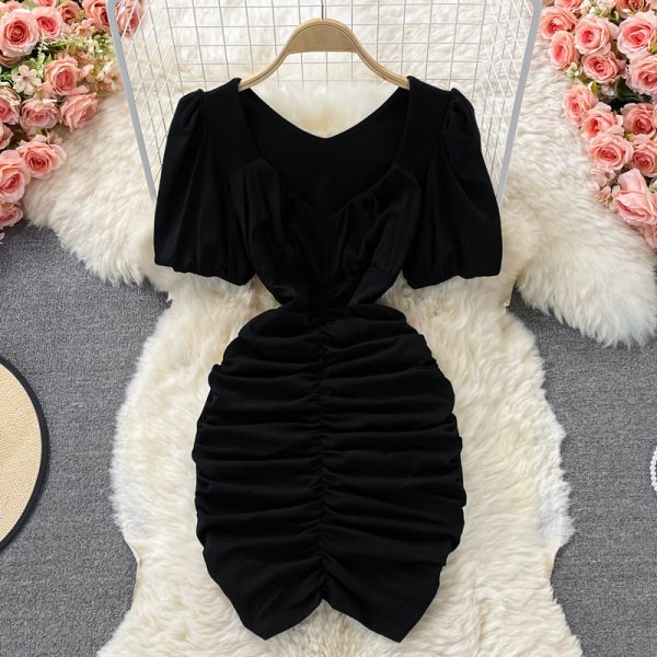 Mature Elegant V-neck Dress Summer New Slim-Fit Pleated Western Style Puff Sleeve Ruffle Hip Short Skirt - Image 3