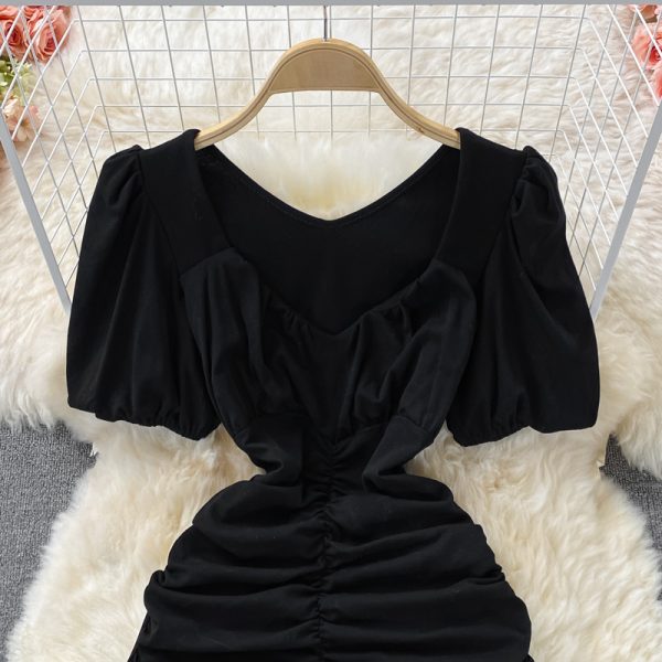 Mature Elegant V-neck Dress Summer New Slim-Fit Pleated Western Style Puff Sleeve Ruffle Hip Short Skirt - Image 4