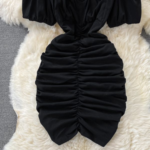 Mature Elegant V-neck Dress Summer New Slim-Fit Pleated Western Style Puff Sleeve Ruffle Hip Short Skirt - Image 5