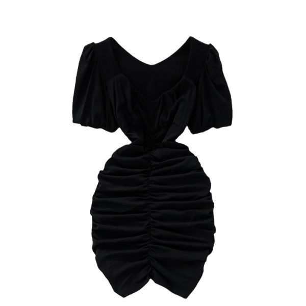 Mature Elegant V-neck Dress Summer New Slim-Fit Pleated Western Style Puff Sleeve Ruffle Hip Short Skirt - Image 6