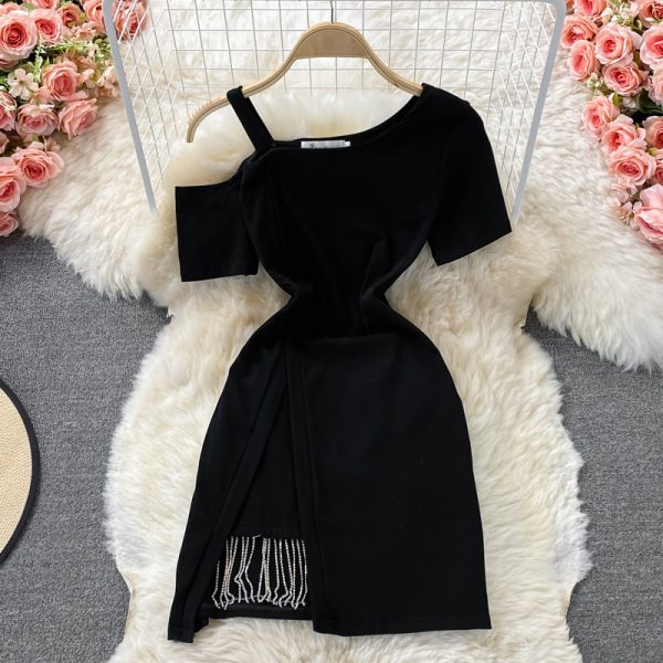 The little man Yujie oblique collar off-shoulder sling short-sleeved irregular temperament Su dress - Image 2
