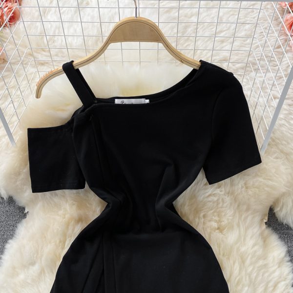 The little man Yujie oblique collar off-shoulder sling short-sleeved irregular temperament Su dress - Image 3