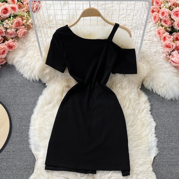 The little man Yujie oblique collar off-shoulder sling short-sleeved irregular temperament Su dress - Image 5