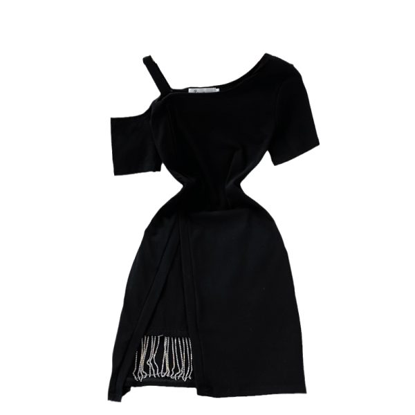 The little man Yujie oblique collar off-shoulder sling short-sleeved irregular temperament Su dress - Image 6