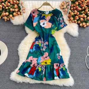 summer New Elegant Graceful round Neck Short Sleeve Floral Mid-Length Slim Fit Slimming Flounce Dress