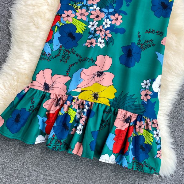 summer New Elegant Graceful round Neck Short Sleeve Floral Mid-Length Slim Fit Slimming Flounce Dress - Image 4