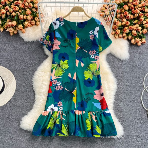 summer New Elegant Graceful round Neck Short Sleeve Floral Mid-Length Slim Fit Slimming Flounce Dress - Image 5