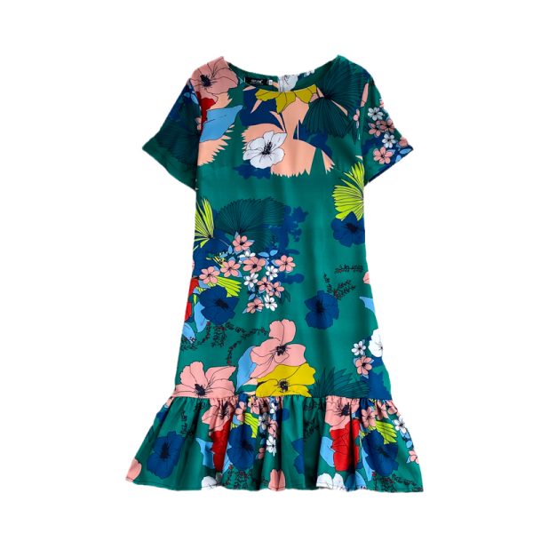 summer New Elegant Graceful round Neck Short Sleeve Floral Mid-Length Slim Fit Slimming Flounce Dress - Image 6