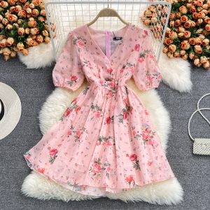 Puff Sleeve Floral Chiffon Dress New V-neck Tight Waist Fairy Skirt Super Mori French First Love Skirt Summer