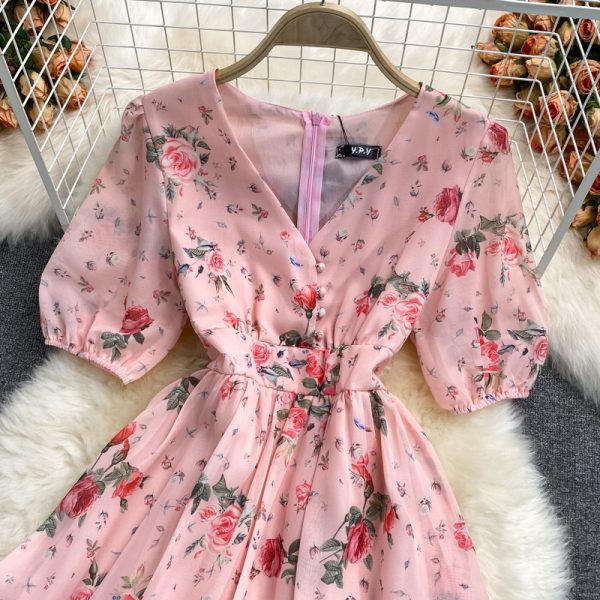 Puff Sleeve Floral Chiffon Dress New V-neck Tight Waist Fairy Skirt Super Mori French First Love Skirt Summer - Image 3