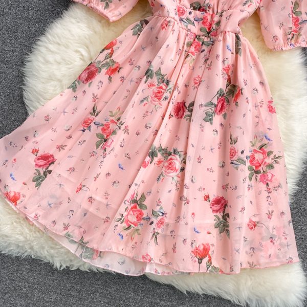 Puff Sleeve Floral Chiffon Dress New V-neck Tight Waist Fairy Skirt Super Mori French First Love Skirt Summer - Image 4