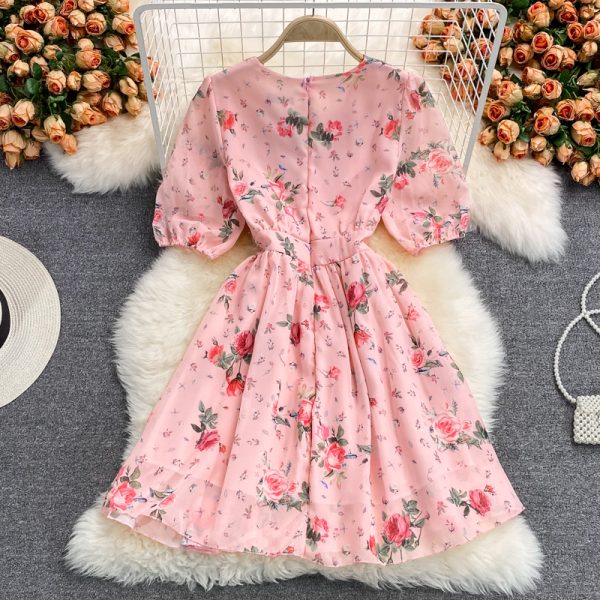 Puff Sleeve Floral Chiffon Dress New V-neck Tight Waist Fairy Skirt Super Mori French First Love Skirt Summer - Image 5